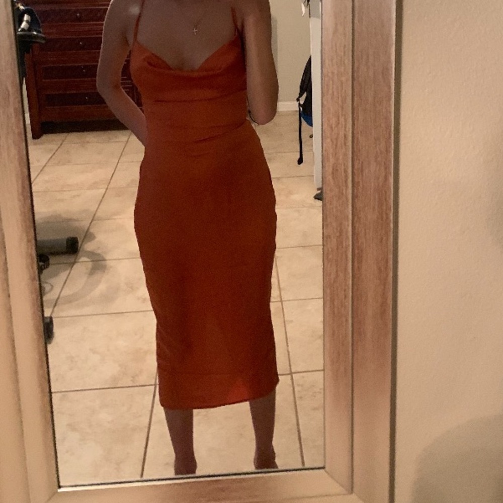 Rust Strappy Back Cowl Neck Satin Midi Dress